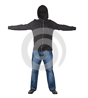 Blue jeans, hooded sweatshirt and leather shoes isolated on white background