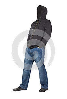 Blue jeans, hooded sweatshirt and leather shoes isolated on white background