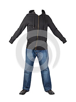 Blue jeans, hooded sweatshirt and leather shoes isolated on white background