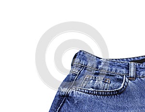 Blue jeans isolated on white background top view flat lay. Detail of nice blue jeans. Jeans texture or denim background. Trend