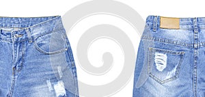 Blue jeans isolated on white background top view flat lay. Detail of nice blue jeans. Jeans texture or denim background. Trend