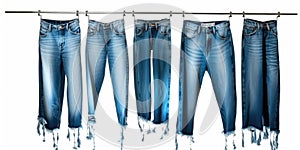 Blue jeans shirt and shorts jeans on hanging and blue torn jeans isolated