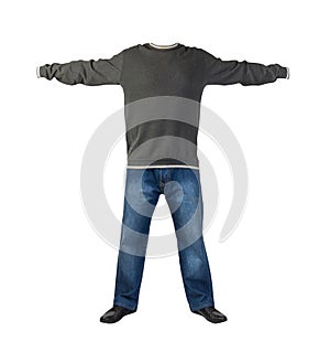 Blue jeans, sweatshirt and leather shoes isolated on white background