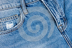 Blue jeans texture. Close up view on fifth pocket and fly.