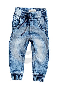 Blue jeans trouser isolated on white background. Fashionable jeans for child boy. Top view front.