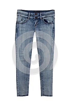 Blue jeans trousers isolated on white background. Fashionable denim pants for woman. Front view