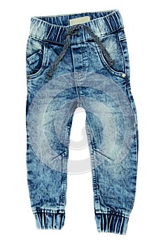 Blue jeans trousers isolated on white background. Fashionable jeans for child boy. Top view front.
