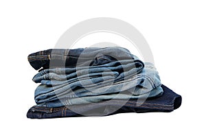 Blue Jeans trousers stack on white background with clipping path