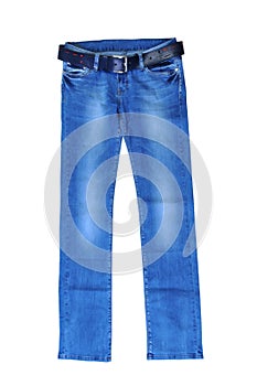 Blue jeans for women with dark blue belt. isolated on white