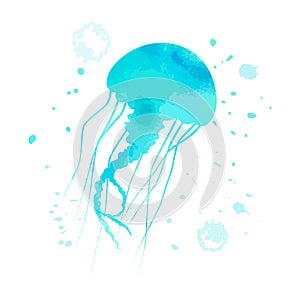 Blue jellyfish character with watercolor texture on white background.