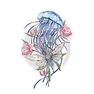 Blue Jellyfish, cicada, pink peony flowers and bud isolated on white background. Watercolor hand drawing illustration