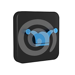 Blue Jester hat with bells isolated on transparent background. Clown icon. Amusement park funnyman sign. Black square