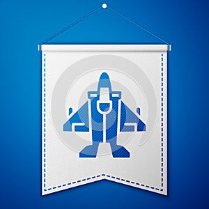 Blue Jet fighter icon isolated on blue background. Military aircraft. White pennant template. Vector