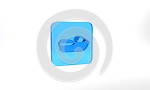 Blue Jet ski icon isolated on grey background. Water scooter. Extreme sport. Glass square button. 3d illustration 3D