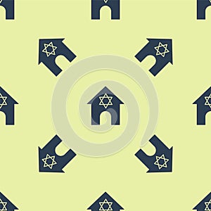 Blue Jewish synagogue building or jewish temple icon isolated seamless pattern on yellow background. Hebrew or judaism