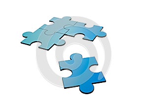 Blue jigsaw puzzles disrupted and separated on white, 3d