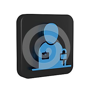 Blue Journalist news reporter with microphone icon isolated on transparent background. Black square button.