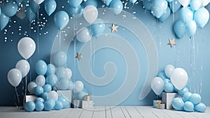 blue joyful party background with festive balloons decoration