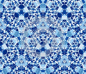 Blue kaleidoscope background. Seamless pattern composed of color abstract elements located on white background.