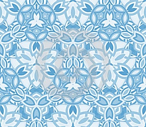 Blue kaleidoscope seamless pattern, background. Composed of abstract shapes.