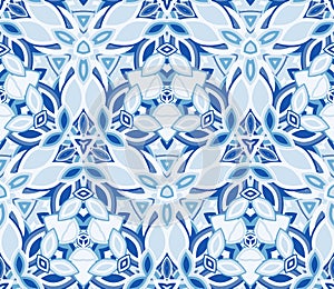 Blue kaleidoscope seamless pattern, background. Composed of abstract shapes.