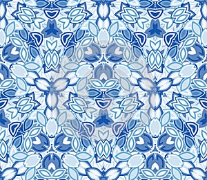 Blue kaleidoscope seamless pattern, background. Composed of abstract shapes.