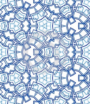 Blue kaleidoscope seamless pattern. Geometric abstraction on white background.