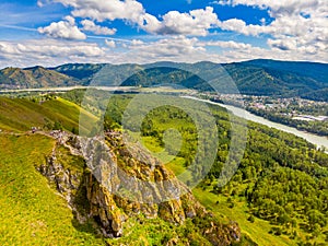 Blue Katun river Altai mountains republic Russia, aerial top view