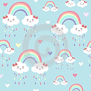 Blue kawaii seamless pattern with rainbow,cloud,heart and rain element