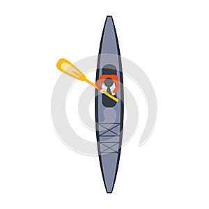 Blue Kayak From Above With One Man And Peddle, Part Of Boat And Water Sports Series Of Simple Flat Vector Illustrations