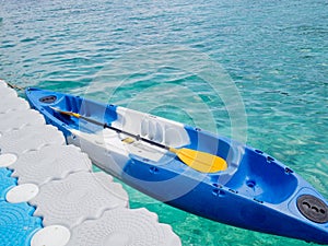 Blue kayak with Blue sea at beauty day light, Travel plans in holidays or after retirement