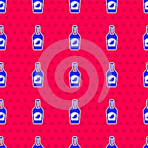 Blue Ketchup bottle icon isolated seamless pattern on red background. Hot chili pepper pod sign. Barbecue and BBQ grill symbol.