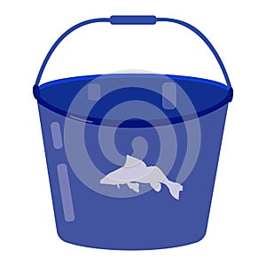 Blue plastic bucket with fish logo, vector flat design