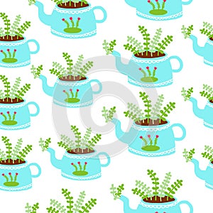 Blue kettles with plants seamless background