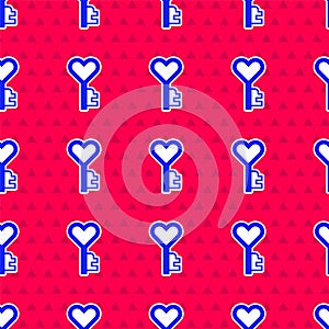Blue Key in heart shape icon isolated seamless pattern on red background. Happy Valentines day. Vector