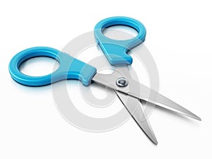 Blue kids` scissors isolated on white background. 3D illustration