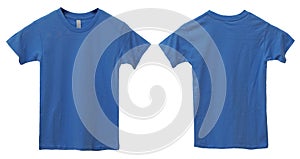 Blue kids t-shirt mock up, front and back view, isolated. Plain light blue shirt mockup. Tshirt design template