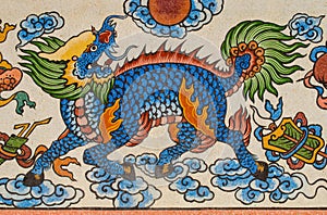 Blue kirin painting on granite wall