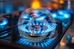 Blue kitchen gas stove flame in kitchen