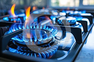 Blue kitchen gas stove flame in kitchen