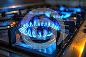 Blue kitchen gas stove flame in kitchen