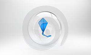 Blue Kite icon isolated on grey background. Glass circle button. 3D render illustration