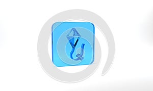 Blue Kite icon isolated on grey background. Glass square button. 3d illustration 3D render