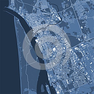 Blue Klaipeda map, city in Lithuania. Streetmap municipal area