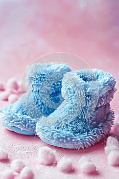 blue knitted baby booties. Selective focus.