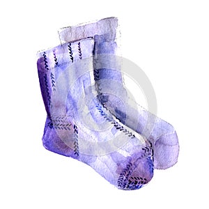 Blue knitted socks, hand drawn painted watercolor illustration, isolated object on white background.