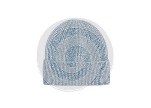 Blue knitted winter hat isolated on white background. Warm Woolen hat. Close shot of cold weather winter handmade