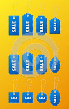 Set of blue sale tags and labels for design, discount offer and gift. Flat design.