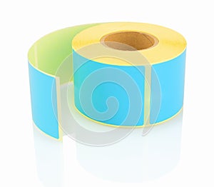 Blue label roll on white background with shadow reflection. Color reel of labels for printers.