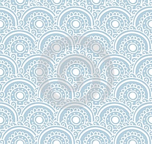 Blue lace seamless pattern. Vector illustration. Background with floral waves.